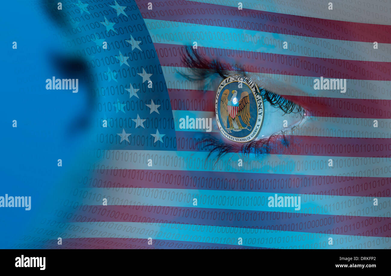 Eye of a woman in closeup, computer numerical series, American flag and NSA logo in the eye, Germany Stock Photo