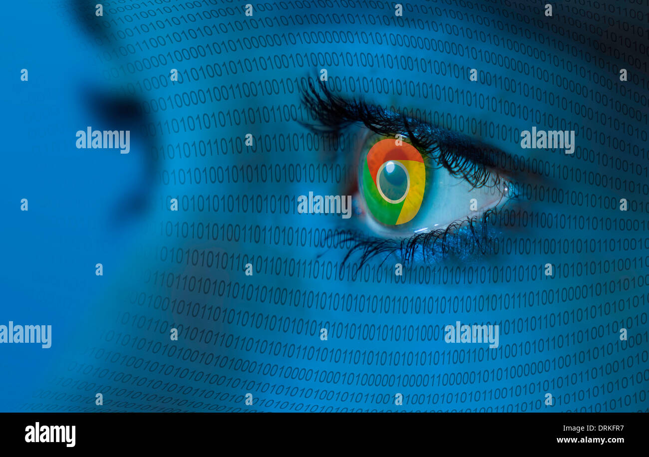 Eye of a woman in closeup, computer numerical series with Google logo in her eye, Germany Stock Photo
