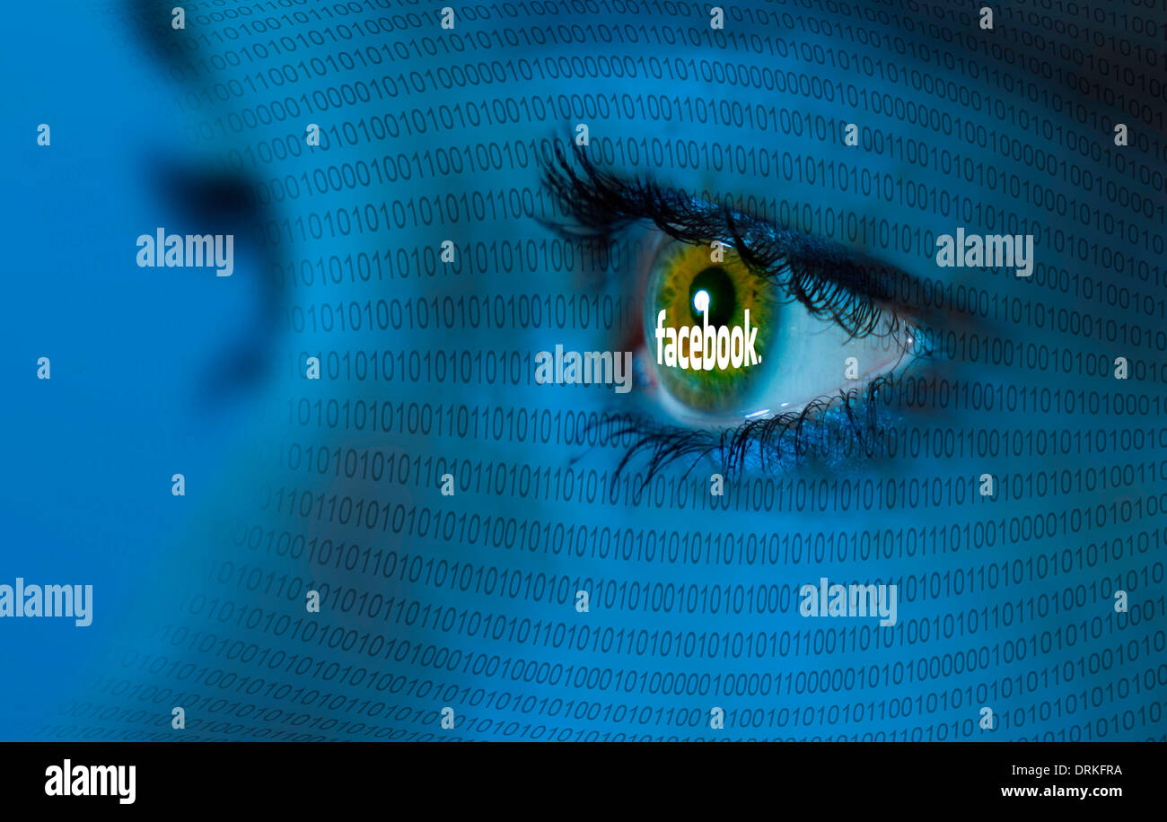 Eye of a woman in closeup, computer numerical series with FACEBOOK logo in her eye, Germany Stock Photo