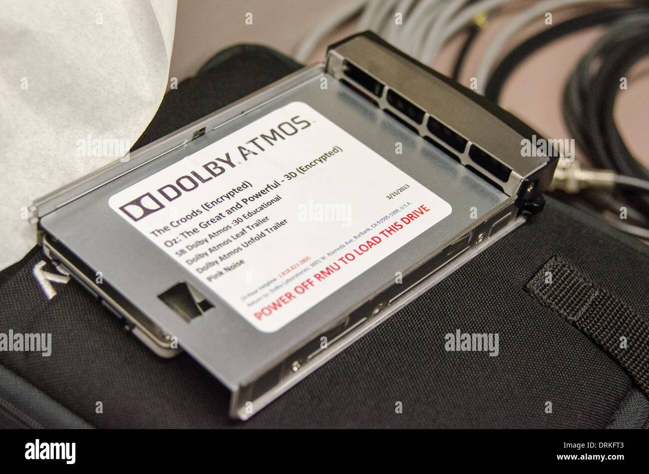 At company headquarters in San Francisco, a hard drive with Dolby Atmos movie clips has been put aside by engineers working on the new surround sound technology. - 2013. Stock Photo