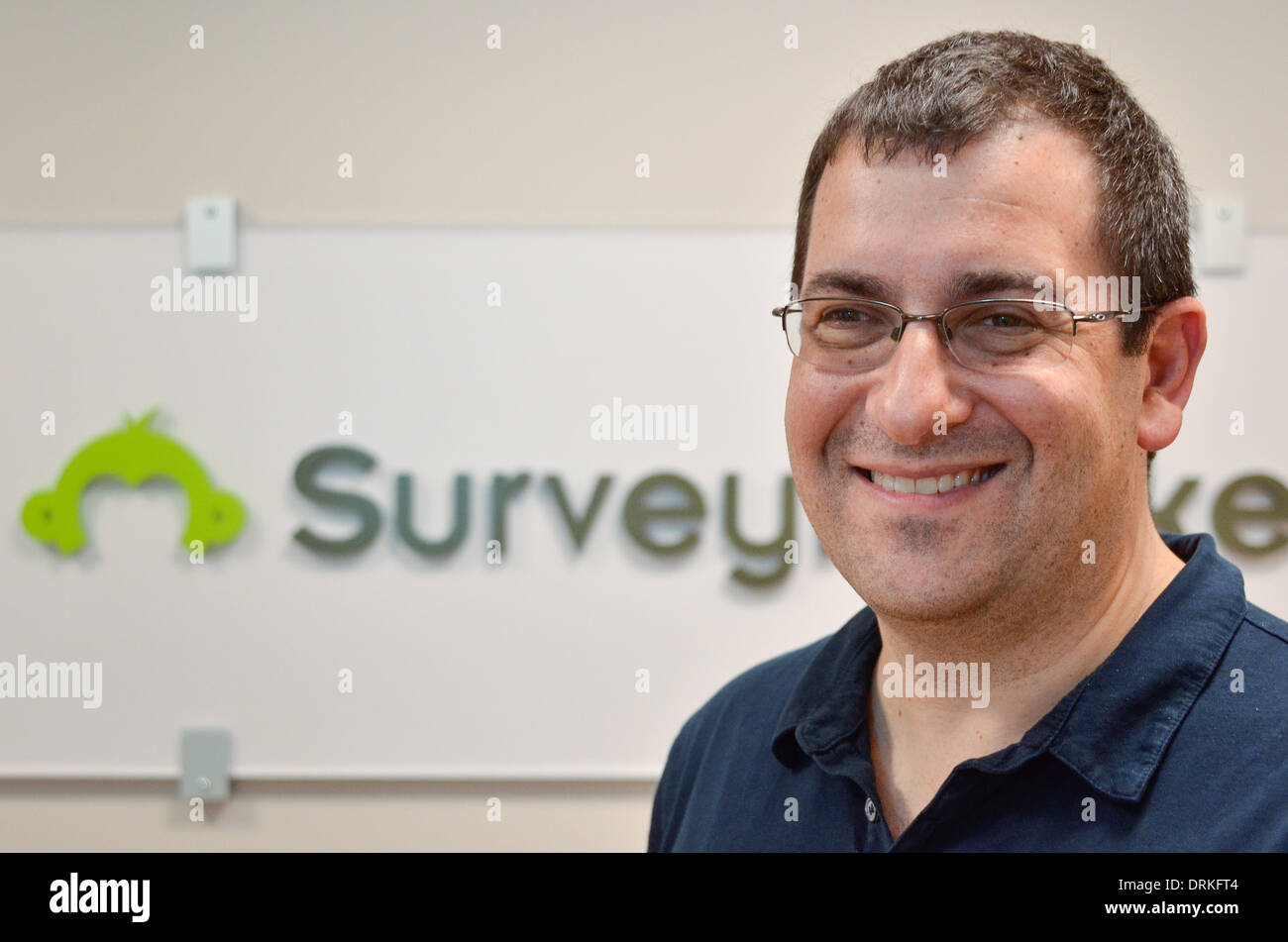 Under CEO David Goldberg, online market researcher SurveyMonkey has become one of the world's largest polling firms. Goldberg, photographed in front of the company logo at SurveyMonkey HQ in Palo Alto, CA, is the husband of Facebook COO and bestseller aut Stock Photo