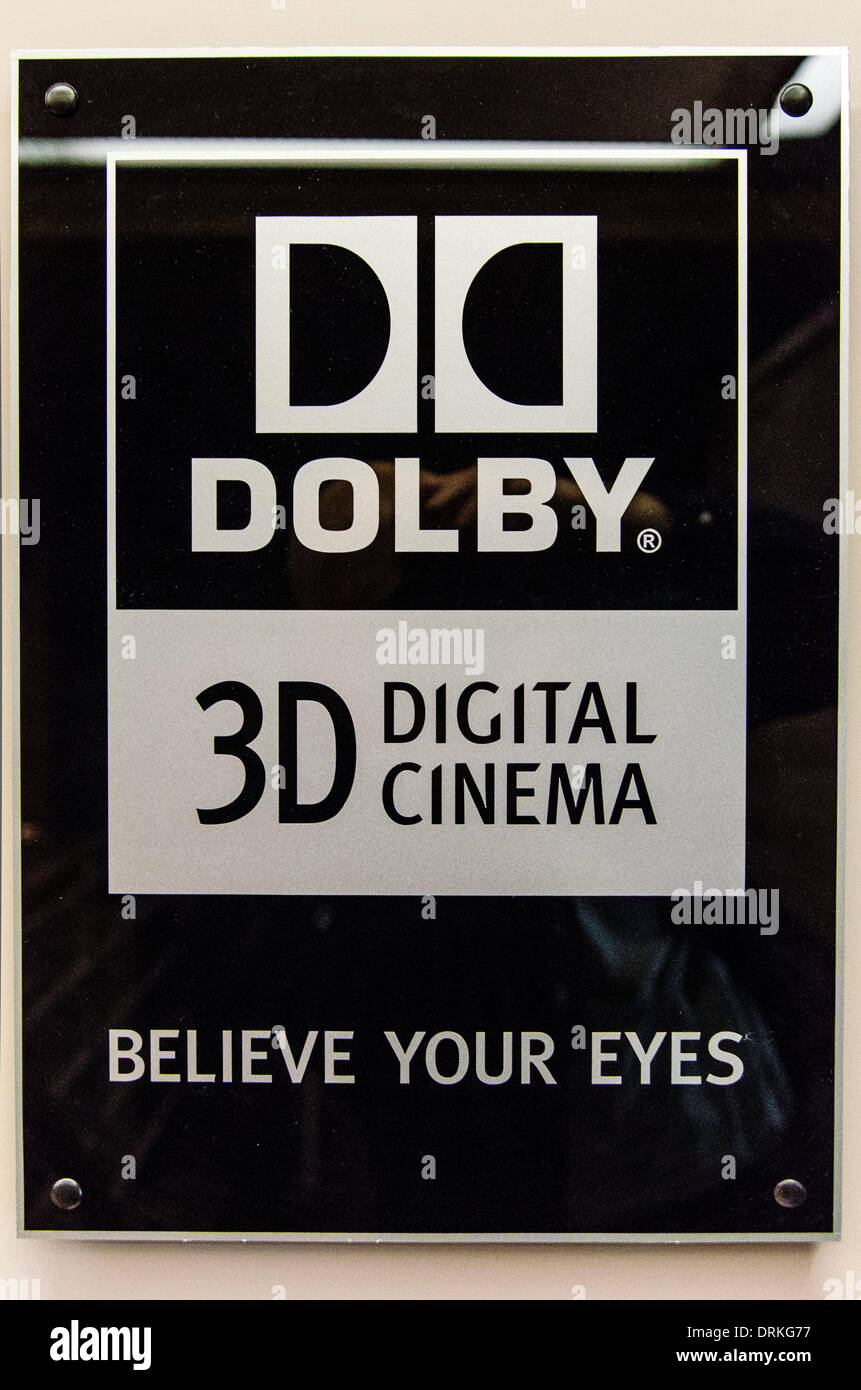 At Dolby company headquarters, a sign on the wall advertises Dolby 3D Digital Cinema, one of the audio pioneer's various efforts to expand into visual technologies as well - 2013. Stock Photo