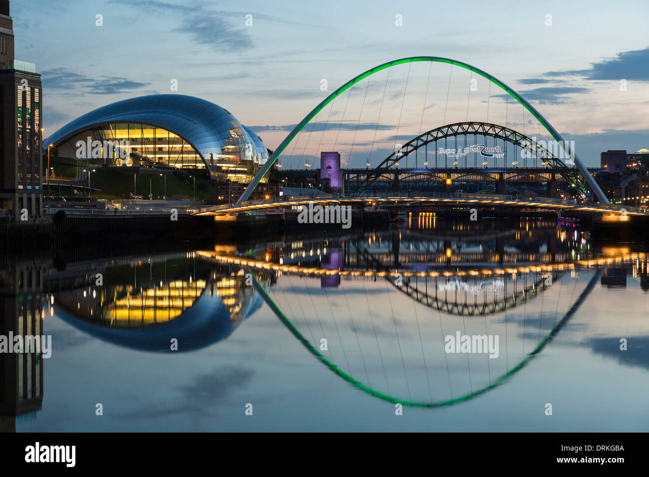 Gateshead Millennium Bridge and The Sage at dusk, Newcastle on Tyne, England Stock Photo