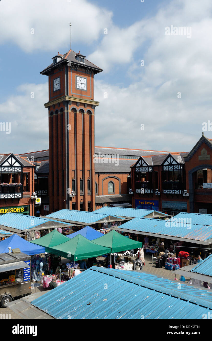Clock tower at Wigan Market, and the Galleries, form a key part of Wigan Town Centre Stock Photo