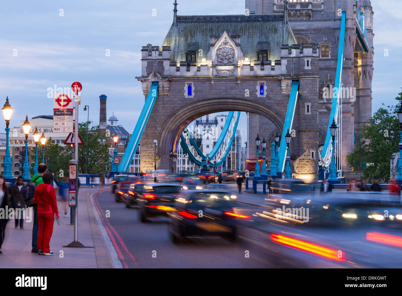 Traffic crosses Tower Bridge, London, England Stock Photo