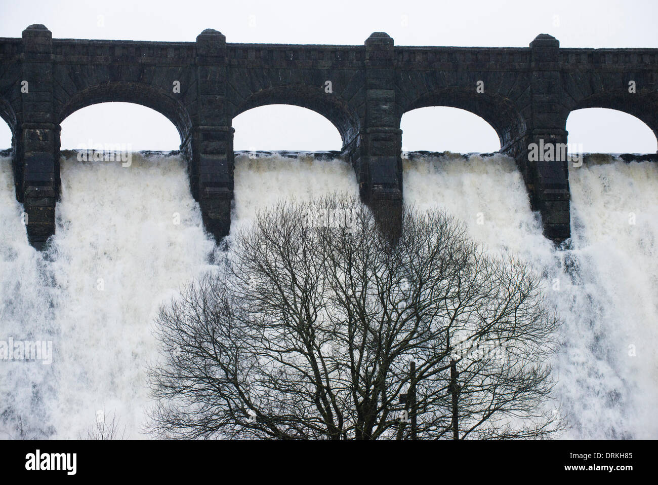 Overflow water cascading over Lake Vyrnwy reservoir dam, Powys, Wales