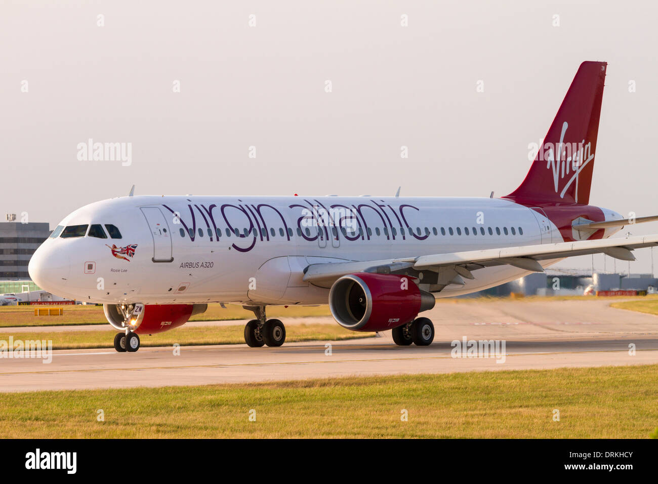 Virgin Atlantic Airbus A320 on runway for take off at Manchester Airport Stock Photo