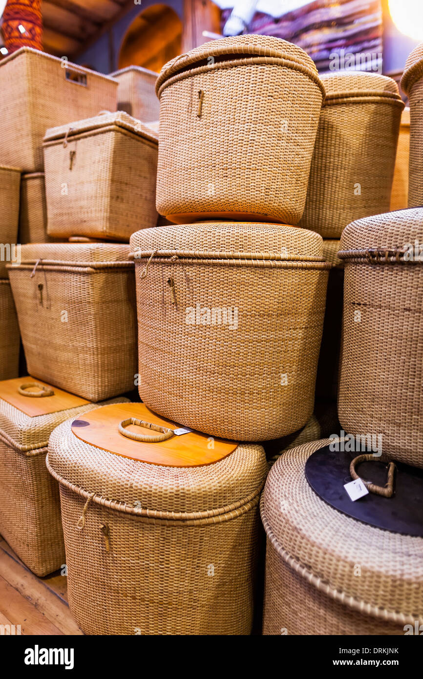 Hand-woven baskets at the Coombs Old Country Market, Coombs, British Columbia, Canada Stock Photo