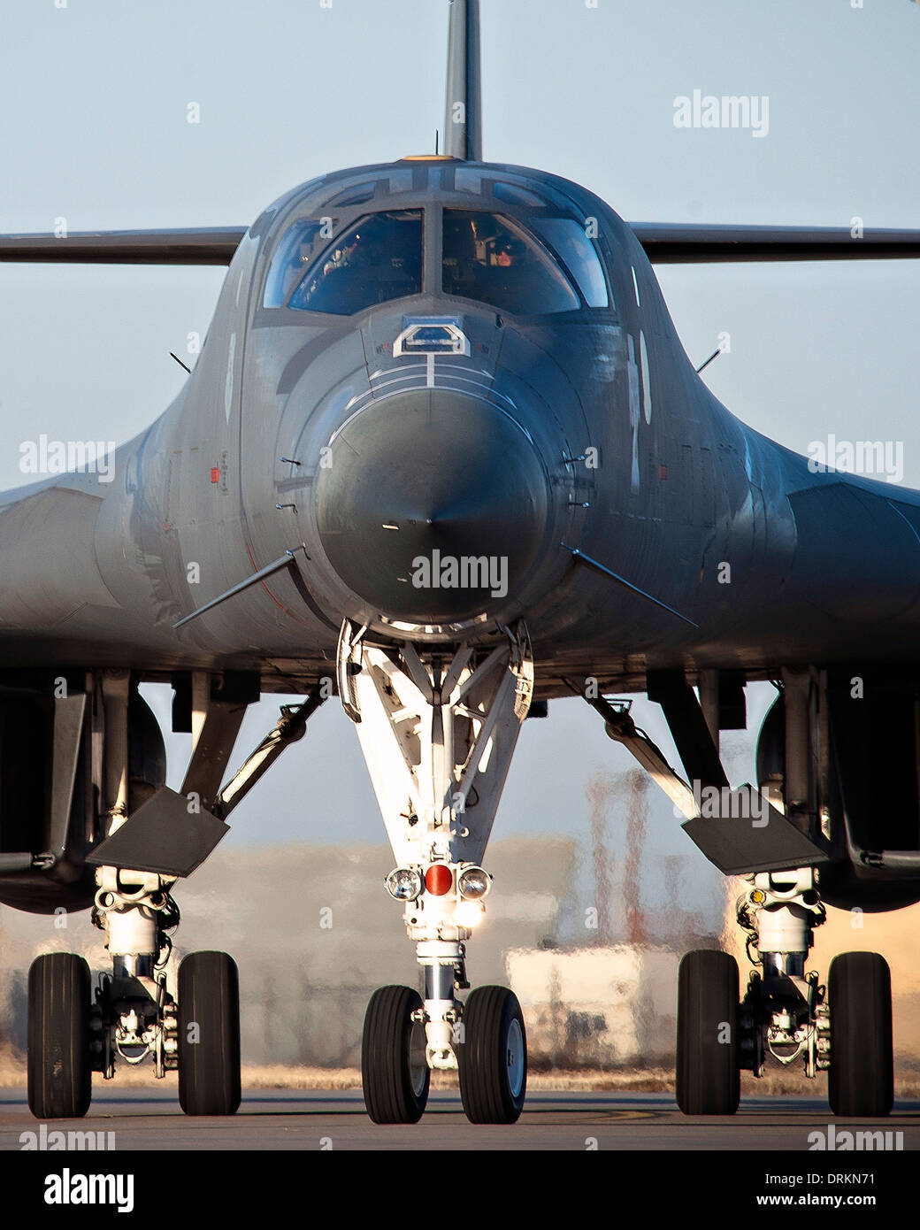 The first newly upgraded operational B1-B Lancer stealth bombers taxis January 21, 2014 at Dyess Air Force Base, Texas. The B-1B Lancer was recently upgraded with a new Integrated Battle Station. Stock Photo