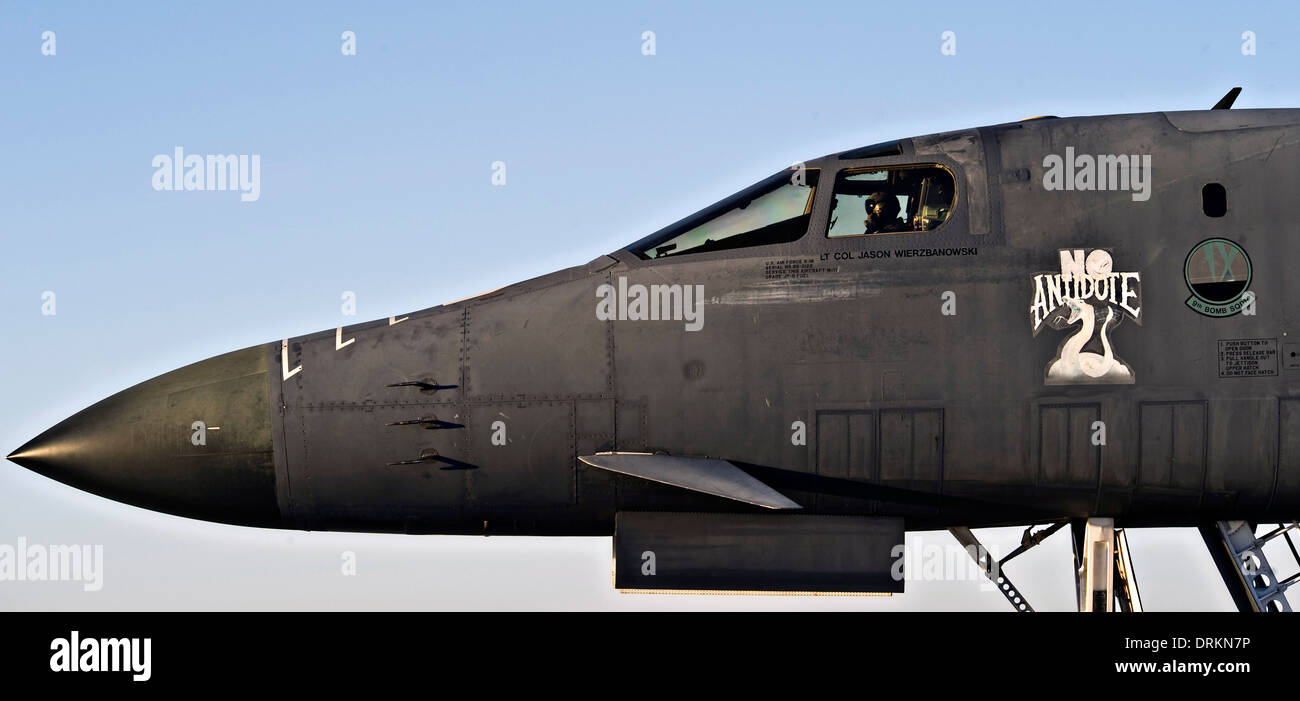 The first newly upgraded operational B1-B Lancer stealth bombers taxis January 21, 2014 at Dyess Air Force Base, Texas. The B-1B Lancer was recently upgraded with a new Integrated Battle Station. Stock Photo