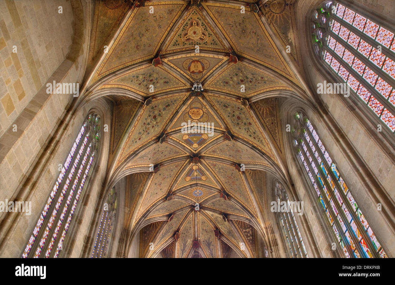 BRATISLAVA, SLOVAKIA - JANUARY 14, 2014: Fresco on gothic ceiling from presbytery of st. Martin cathedral. Stock Photo