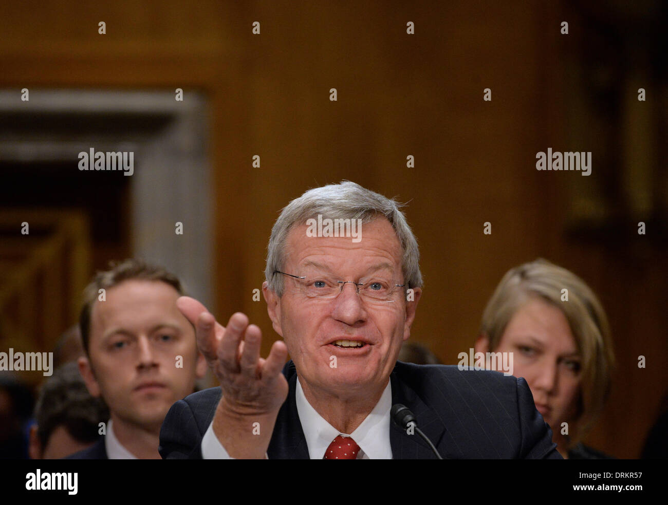 Washington DC, USA. 28th Jan, 2014. U.S. Senator Max Baucus (D-MT) testifies during his confirmation hearing to be the US ambassador to China before the Senate Foreign Relations Committee on Capitol Hill in Washington DC, capital of the United States, Jan. 28, 2014. Max Baucus, President Barack Obama's pick for the new American ambassador to China, on Tuesday promised to work hard to improve Sino-U.S. relationship, which he called as 'one of the most important bilateral relationships in the world.' Credit:  Zhang Jun/Xinhua/Alamy Live News Stock Photo