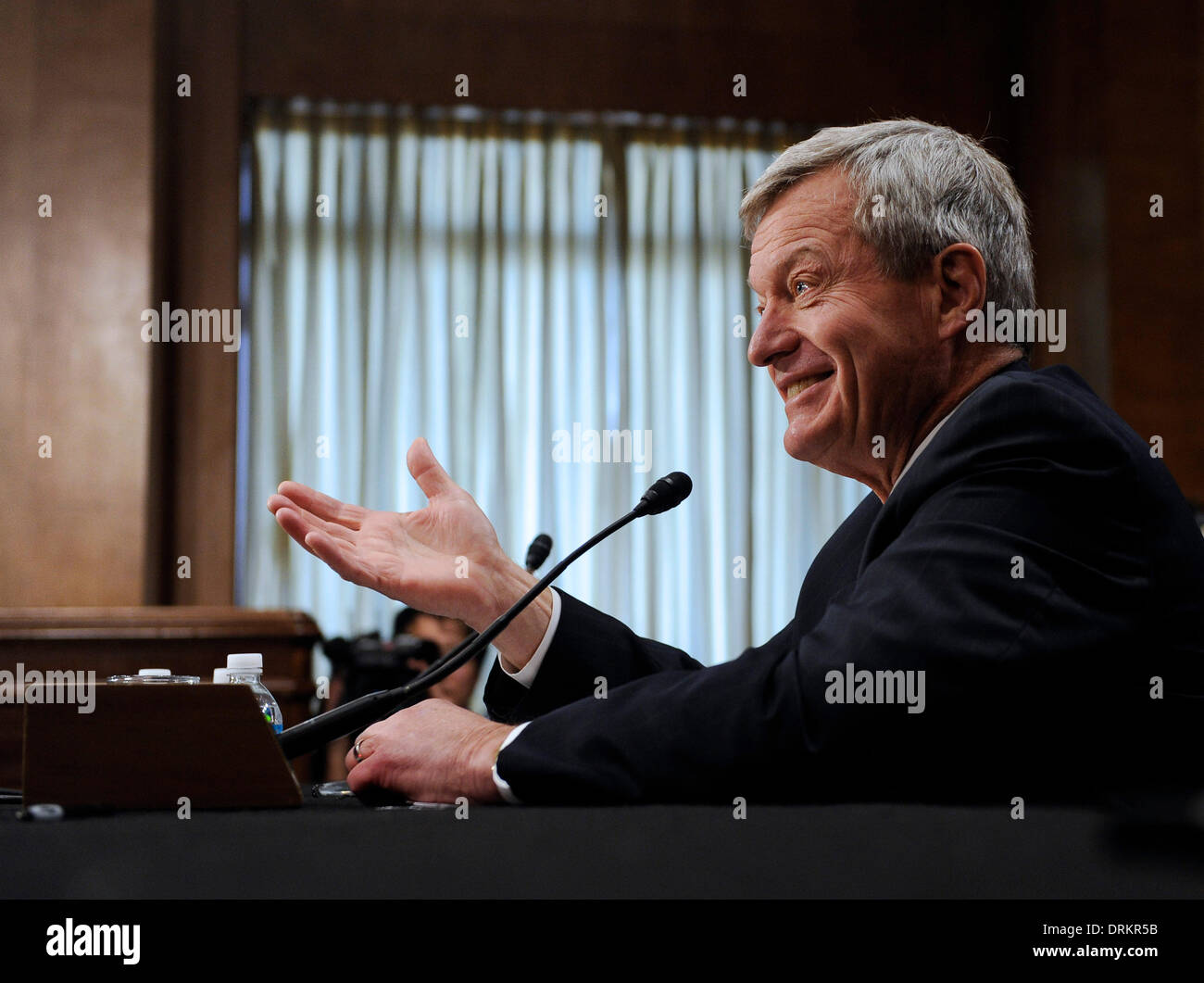 Washington DC, USA. 28th Jan, 2014. U.S. Senator Max Baucus (D-MT) testifies during his confirmation hearing to be the US ambassador to China before the Senate Foreign Relations Committee on Capitol Hill in Washington DC, capital of the United States, Jan. 28, 2014. Max Baucus, President Barack Obama's pick for the new American ambassador to China, on Tuesday promised to work hard to improve Sino-U.S. relationship, which he called as 'one of the most important bilateral relationships in the world.' Credit:  Zhang Jun/Xinhua/Alamy Live News Stock Photo