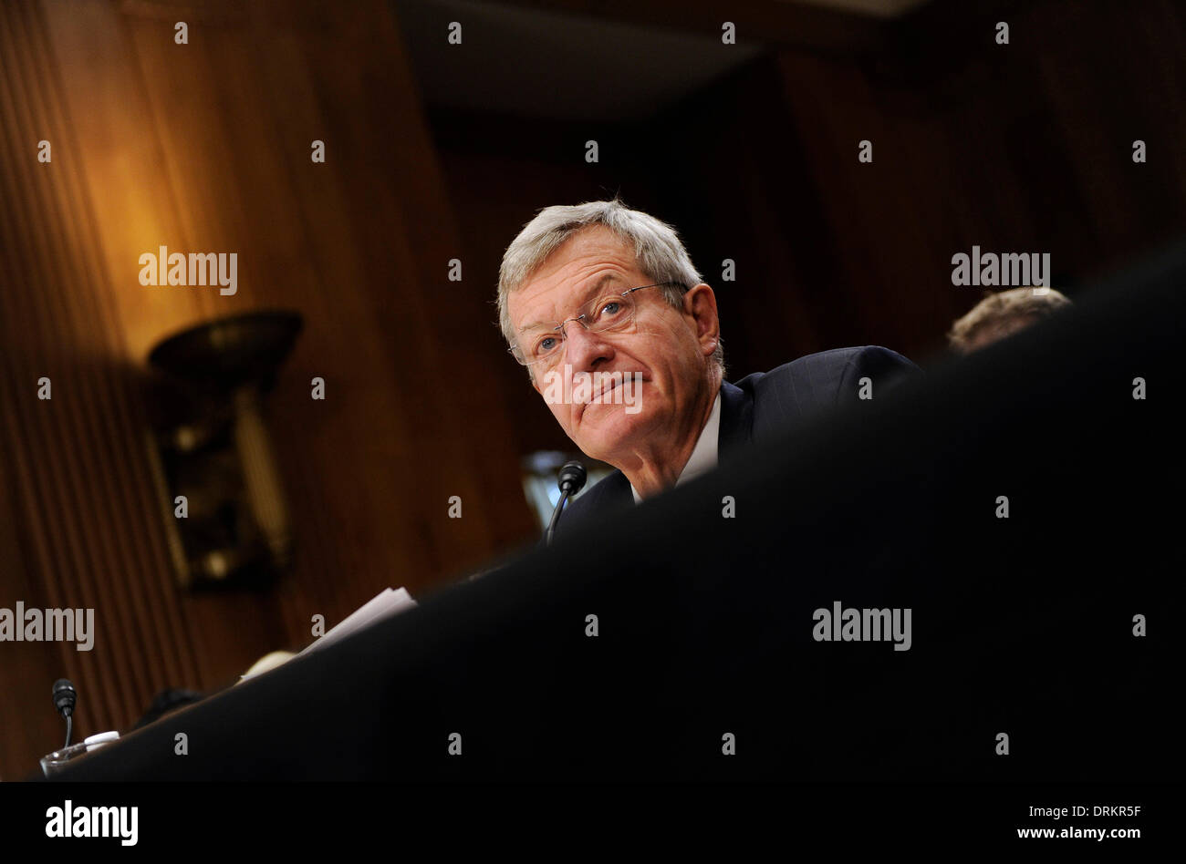 Washington DC, USA. 28th Jan, 2014. U.S. Senator Max Baucus (D-MT) testifies during his confirmation hearing to be the US ambassador to China before the Senate Foreign Relations Committee on Capitol Hill in Washington DC, capital of the United States, Jan. 28, 2014. Max Baucus, President Barack Obama's pick for the new American ambassador to China, on Tuesday promised to work hard to improve Sino-U.S. relationship, which he called as 'one of the most important bilateral relationships in the world.' Credit:  Zhang Jun/Xinhua/Alamy Live News Stock Photo