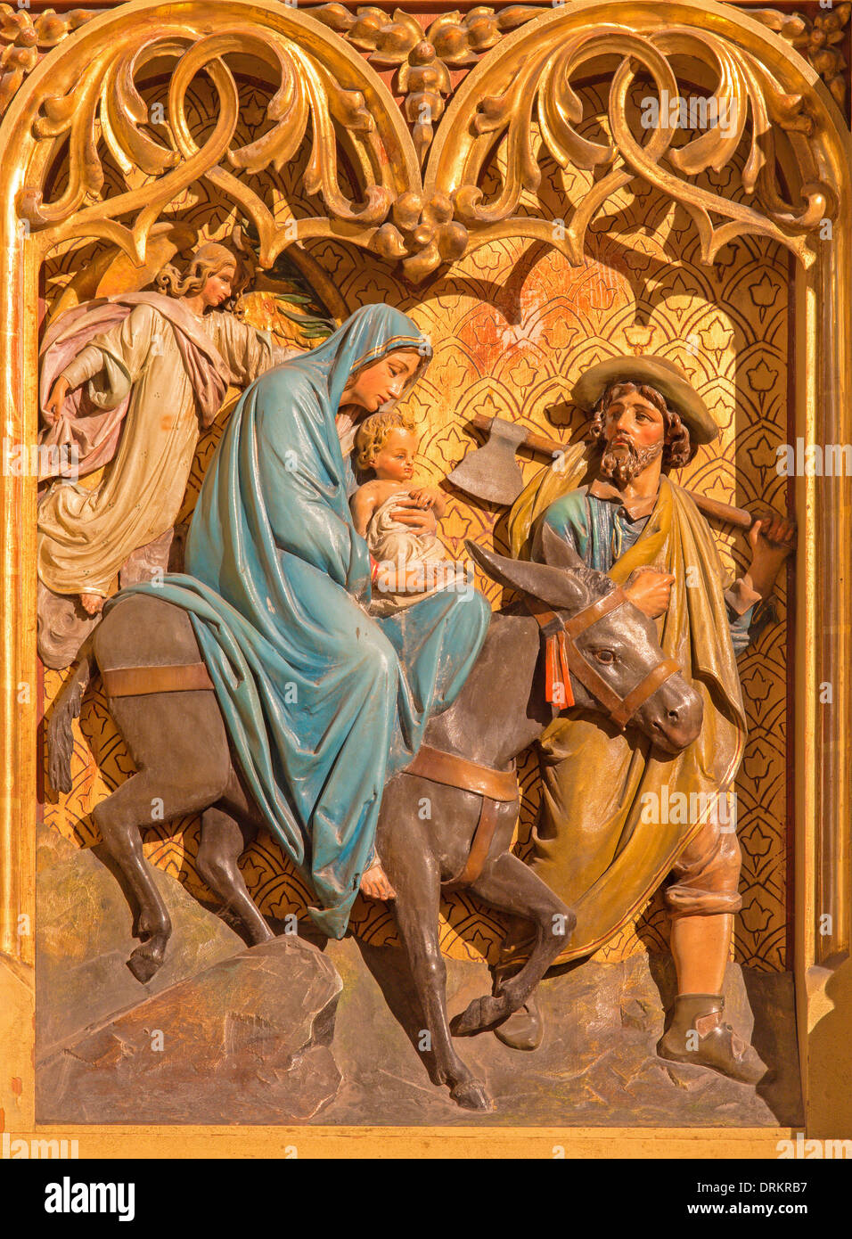 Bratislava - Flight of hl. Family to Egypt scene. Carved relief in st. Martin cathedral Stock Photo