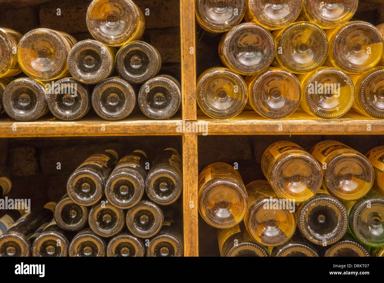 BRATISLAVA, SLOVAKIA - JANUARY 23, 2014: Detail of bottles from Interior of wine callar of great Slovak producer. Stock Photo
