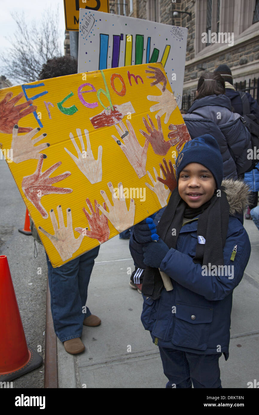 Annual Martin Luther King Day Parade in Harlem with speeches by students from the Manhattan Country School Stock Photo