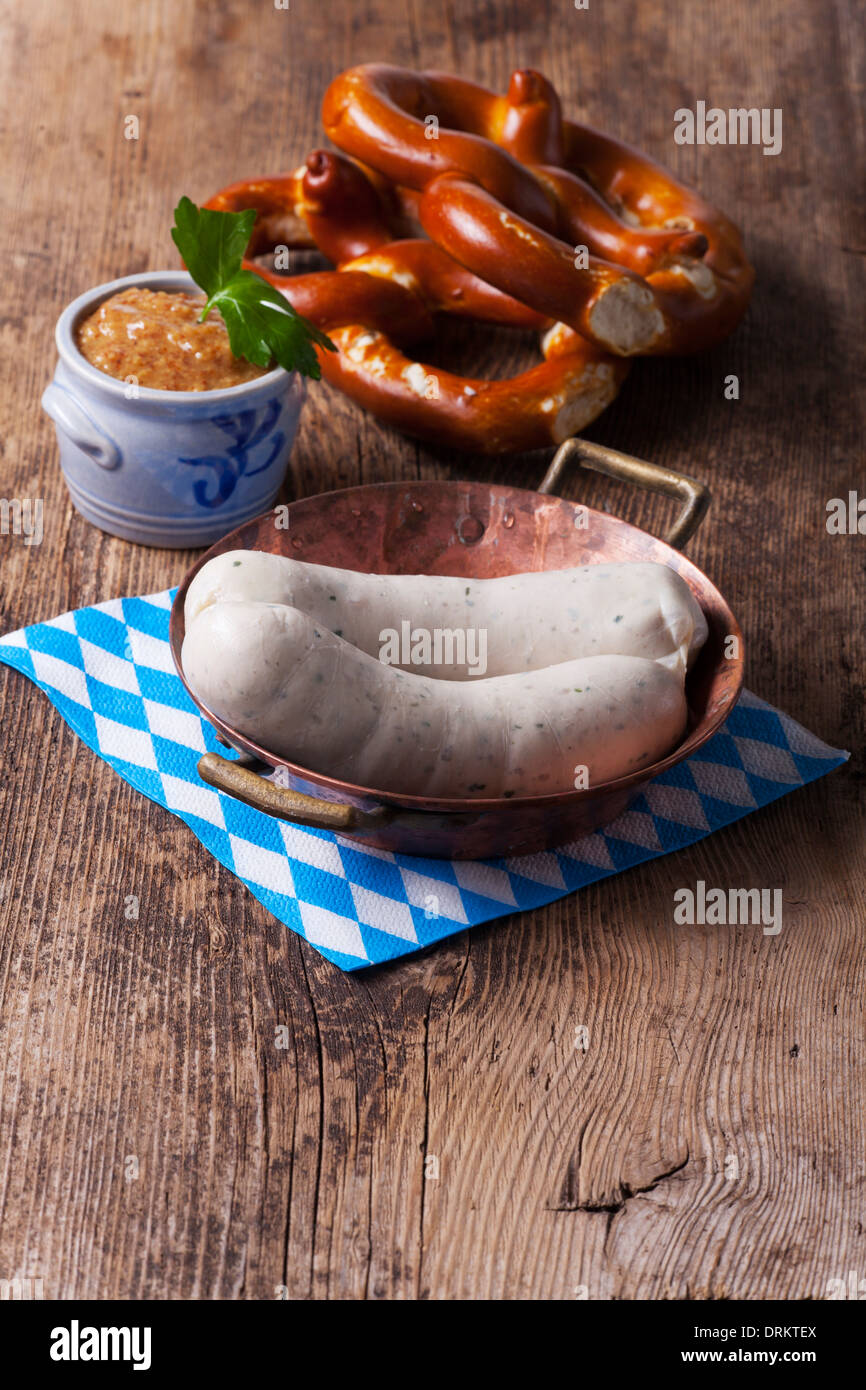 bavarian white sausage in a copper pot Stock Photo