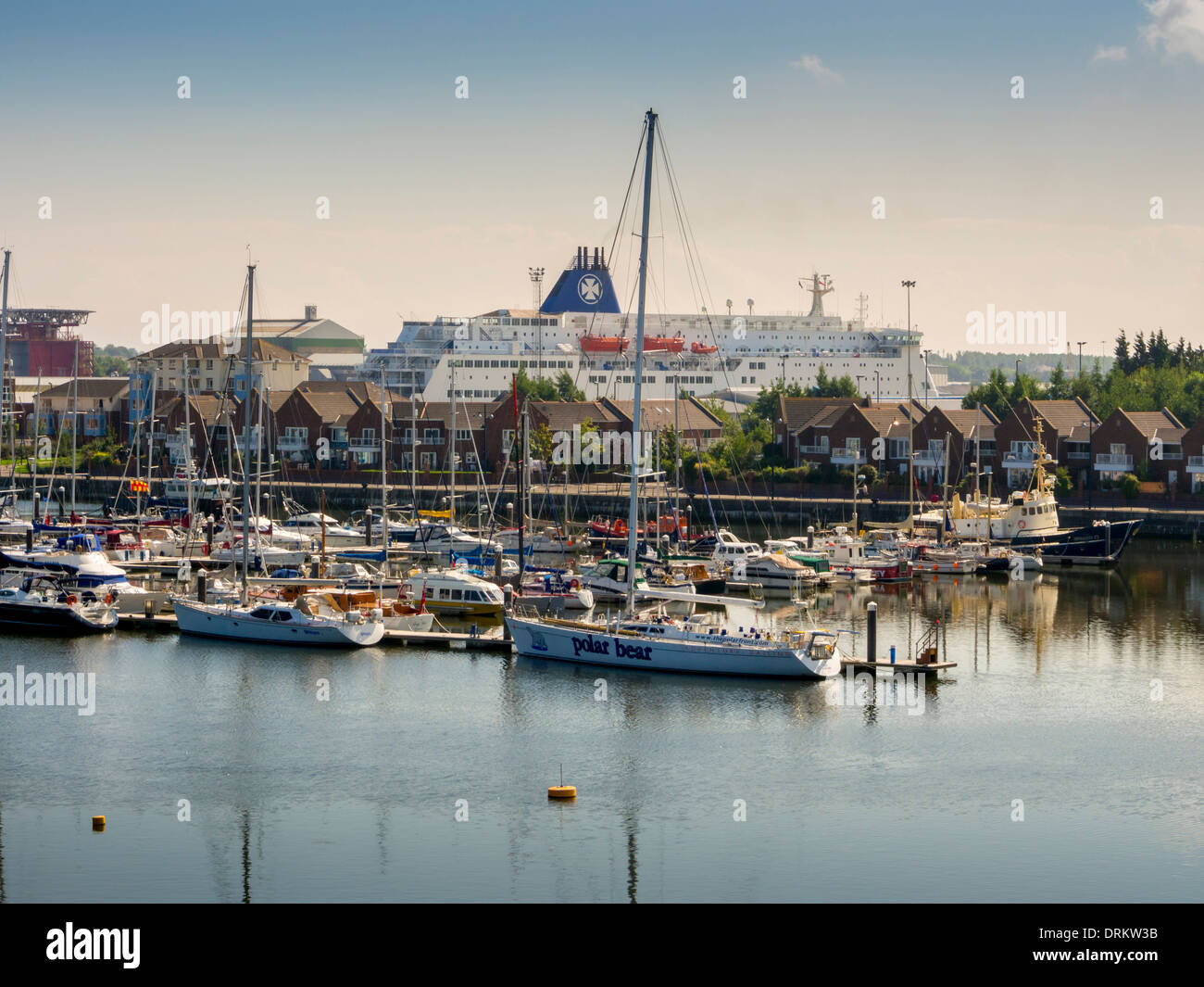 Moored boats and a cruise ship. Royal Quays Marina. North Shields, Tynemouth. Stock Photo