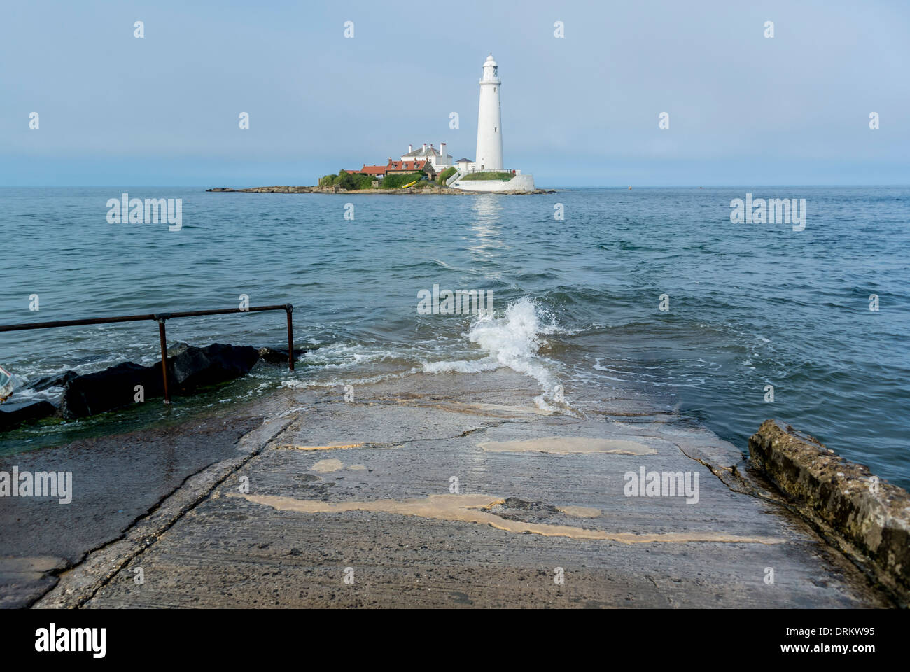 Submerged causeway leading to St Mary's Island and lighthouse at high tide. Whitley Bay, Tyne and Wear. Stock Photo