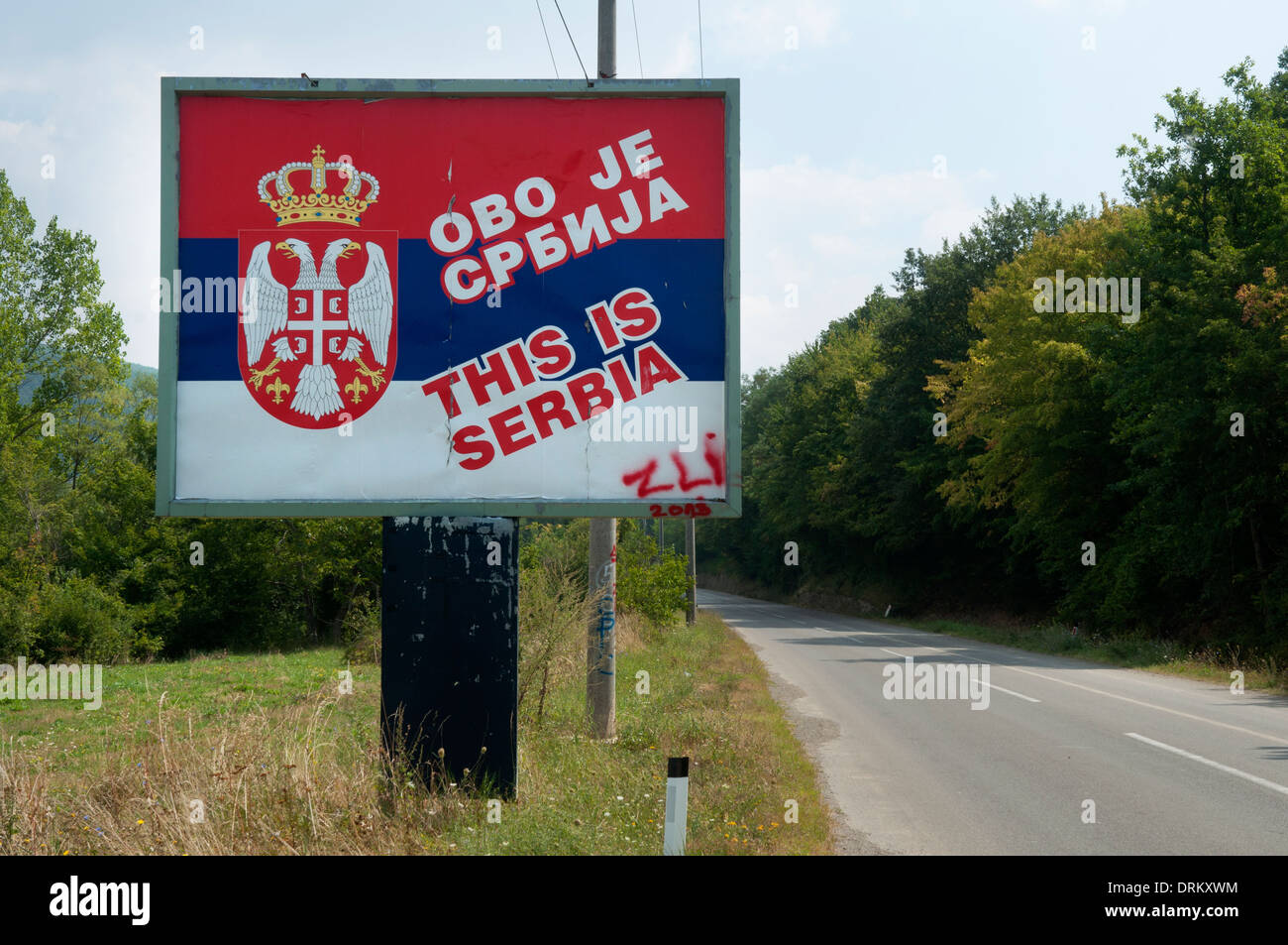 A panel claiming right lands, Serbian area close to border to Serbia, Kosovo Stock Photo