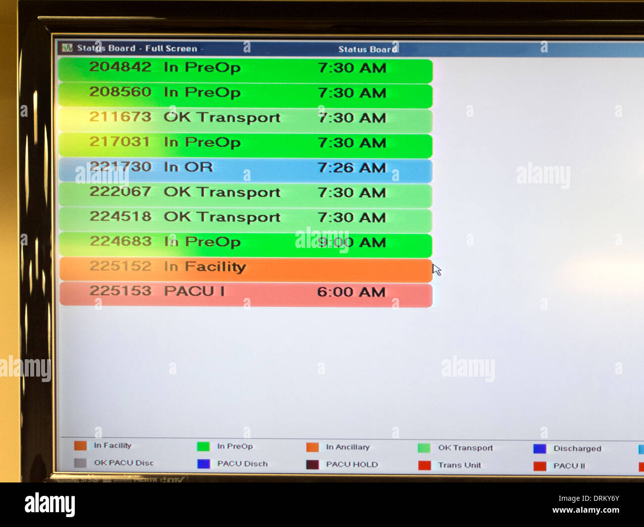 A video status board in the waiting room of a Southern California hospital allows visitors to check progress of surgical procedures. Note code numbers to ensure patient confidentiality. Stock Photo