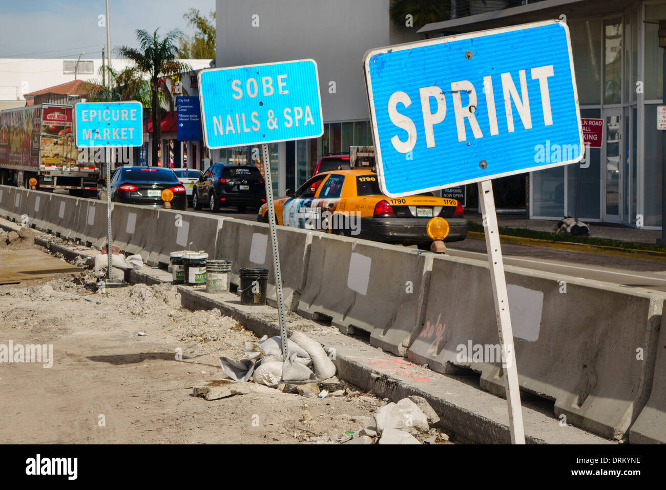 Miami Beach Florida,Collins Avenue,street,under new construction,site,road repair,capital improvements,signs,names,businesses,district,affected,FL1401 Stock Photo