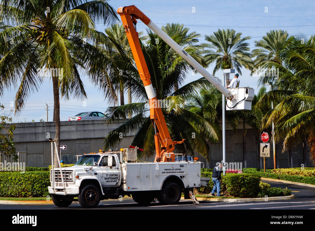 Miami Florida,Aventura,utility truck,lift,bucket,man men male,job,working,work,replacing,bulb,light pole,light pole,FL140122021 Stock Photo
