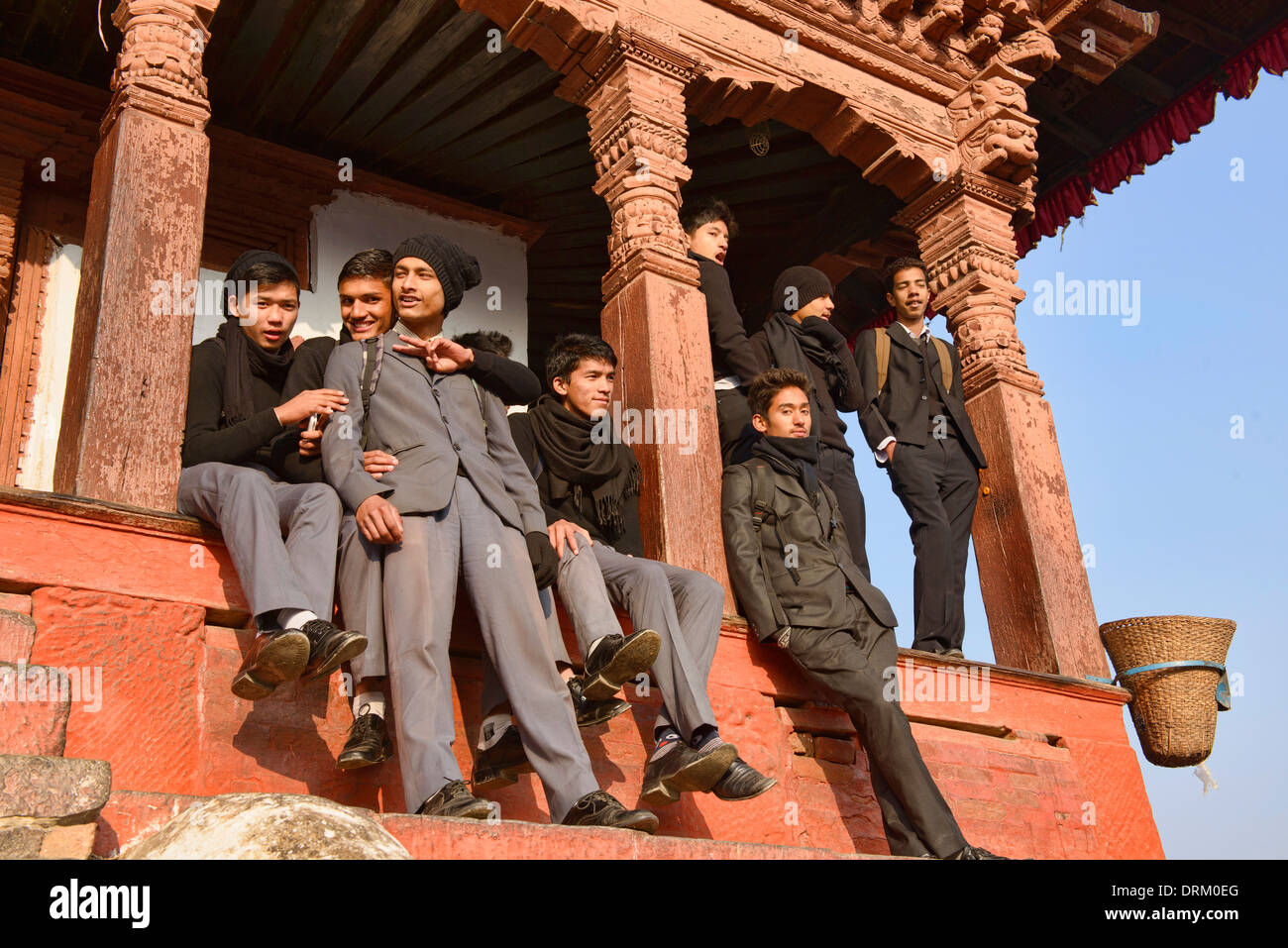 Nepali schoolboys in Durbar Square, Kathmandu, Nepal Stock Photo