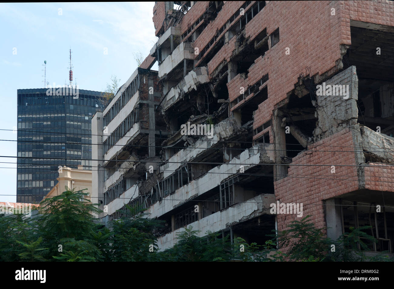The remains of former Goverment Department for Defence destroyed by NATO bombing in 1999, Belgrade, Serbia Stock Photo