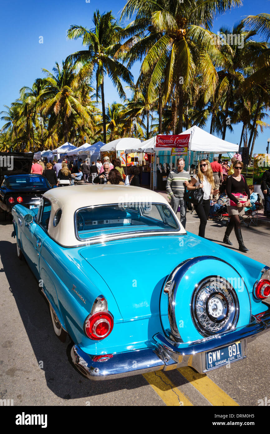 Miami Beach Florida,Ocean Drive,Art Deco Weekend,festival,street fair,antique classic car automobile show,1956 Thunderbird T-bird,rear,spare tire cove Stock Photo