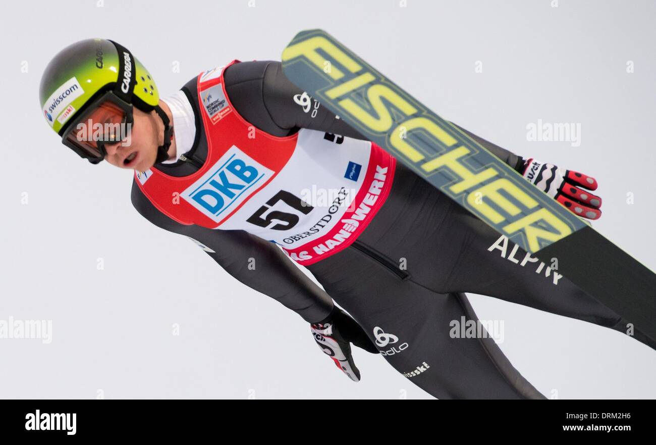 Oberstdorf, Germany. 24th Jan, 2014. Ski jumper Tim Hug of Switzerland in  action during a practice jump for the Nordic Combined World Cup in  Oberstdorf, Germany, 24 January 2014. Photo: Sven Hoppe/dpa/Alamy