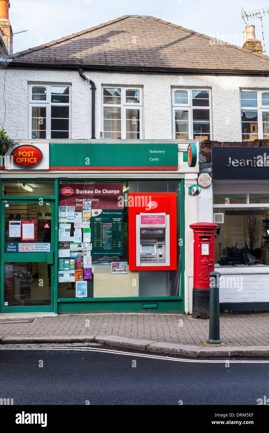 Exterior of Local post office, mail box and ATM cashpoint in old house in Teddington, Greater London, UK Stock Photo