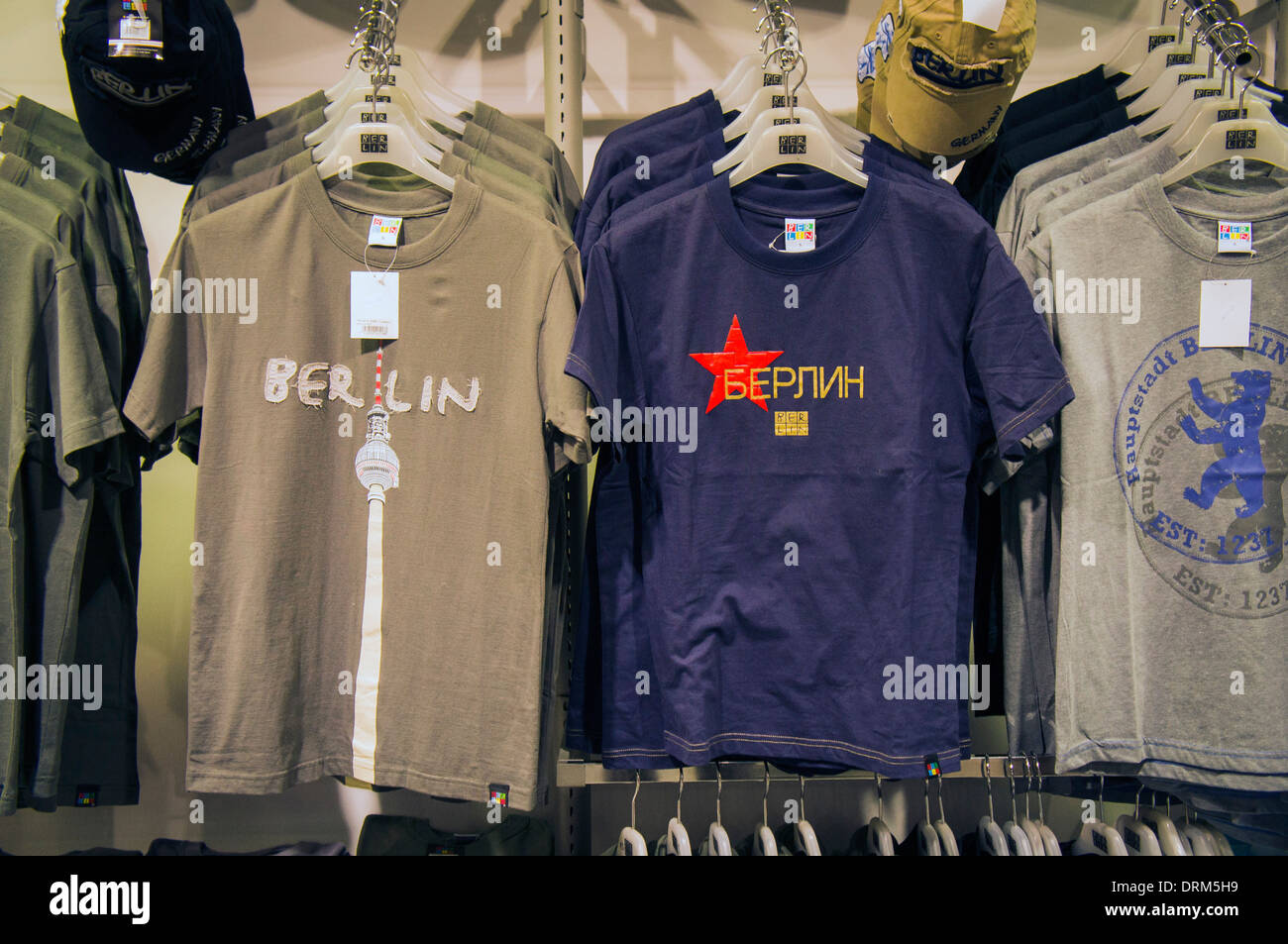 souvenir, gift shop, T shirt Berlin, Russian alphabet Stock Photo