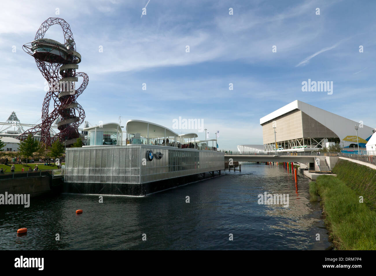 View looking down the River Lea, towards the BMW Group Pavilion and the Aquatics certre in the Olympic Park. Stock Photo