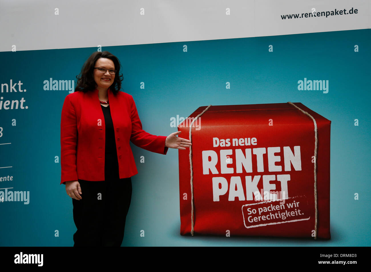 Berlin, Germany. January 29th, 2014. Andrea Nahles (SPD), Minister of Labour and Social Affairs, talk at the House Federal Press Conference in Berlin on the them "German pension package of the Federal Government ". / Picture: Andrea Nahles (SPD), Minister of Labour and Social Affairs. Credit: Reynaldo Chaib Paganelli/Alamy Live News Stock Photo