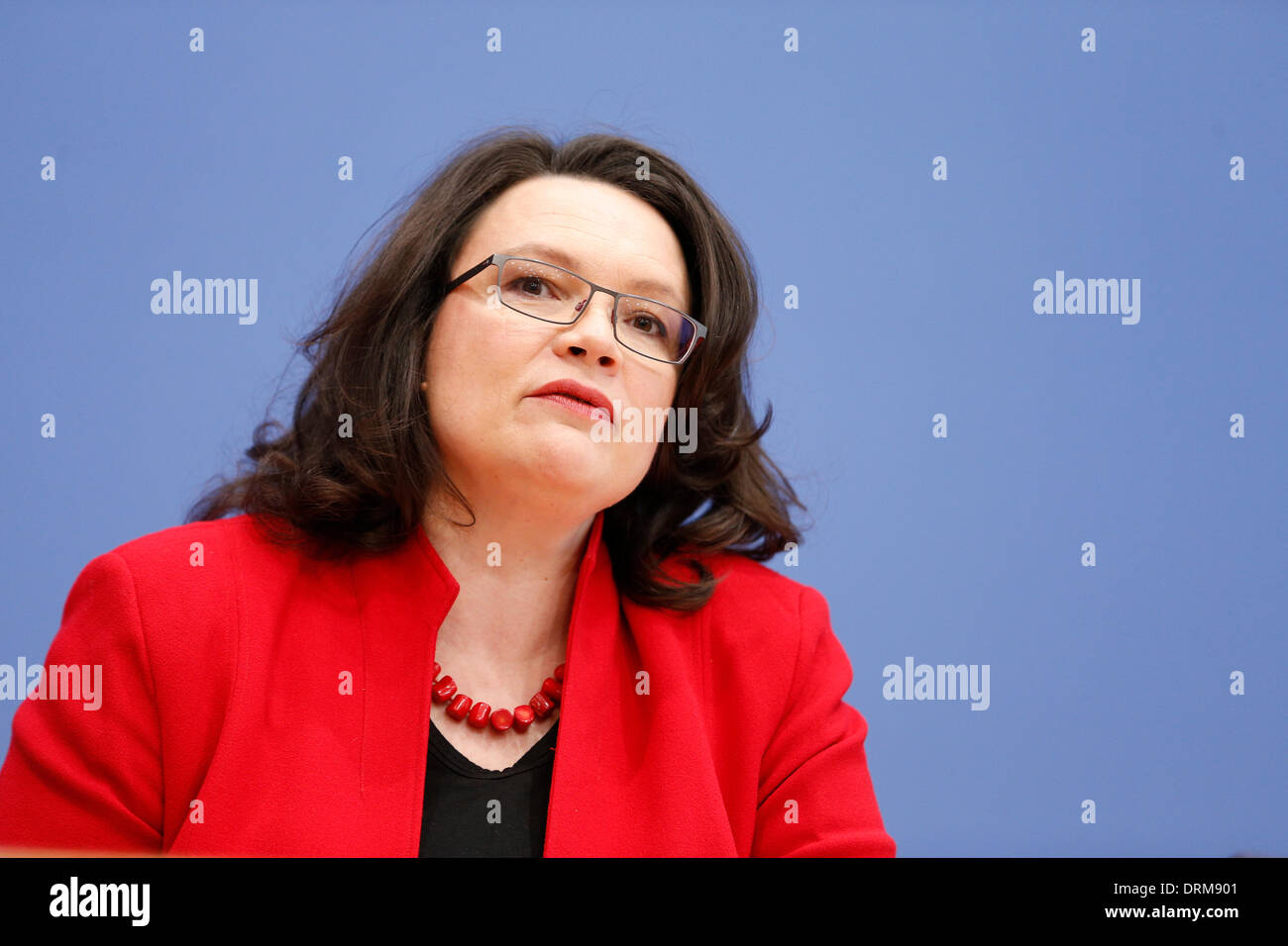 Berlin, Germany. January 29th, 2014. Andrea Nahles (SPD), Minister of Labour and Social Affairs, talk at the House Federal Press Conference in Berlin on the them "German pension package of the Federal Government ". / Picture: Andrea Nahles (SPD), Minister of Labour and Social Affairs. Credit: Reynaldo Chaib Paganelli/Alamy Live News Stock Photo