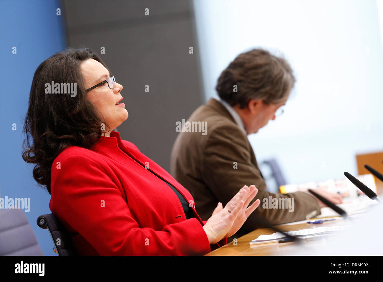 Berlin, Germany. January 29th, 2014. Andrea Nahles (SPD), Minister of Labour and Social Affairs, talk at the House Federal Press Conference in Berlin on the them "German pension package of the Federal Government ". / Picture: Andrea Nahles (SPD), Minister of Labour and Social Affairs. Credit: Reynaldo Chaib Paganelli/Alamy Live News Stock Photo