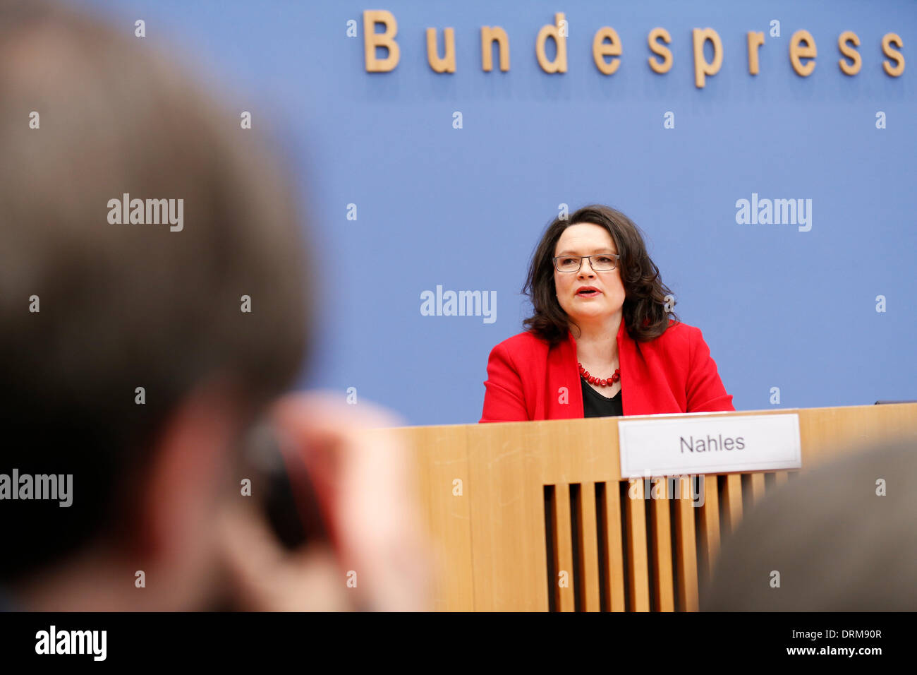 Berlin, Germany. January 29th, 2014. Andrea Nahles (SPD), Minister of Labour and Social Affairs, talk at the House Federal Press Conference in Berlin on the them "German pension package of the Federal Government ". / Picture: Andrea Nahles (SPD), Minister of Labour and Social Affairs. Credit: Reynaldo Chaib Paganelli/Alamy Live News Stock Photo