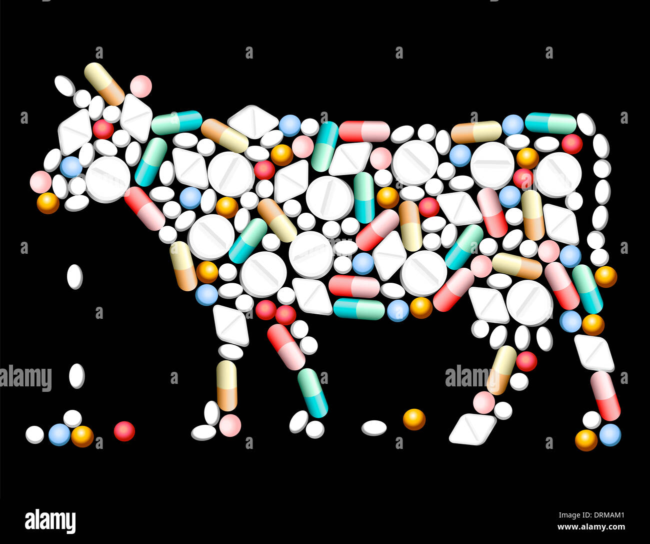 Tablets, pills and capsules, that shape a cow. Stock Photo