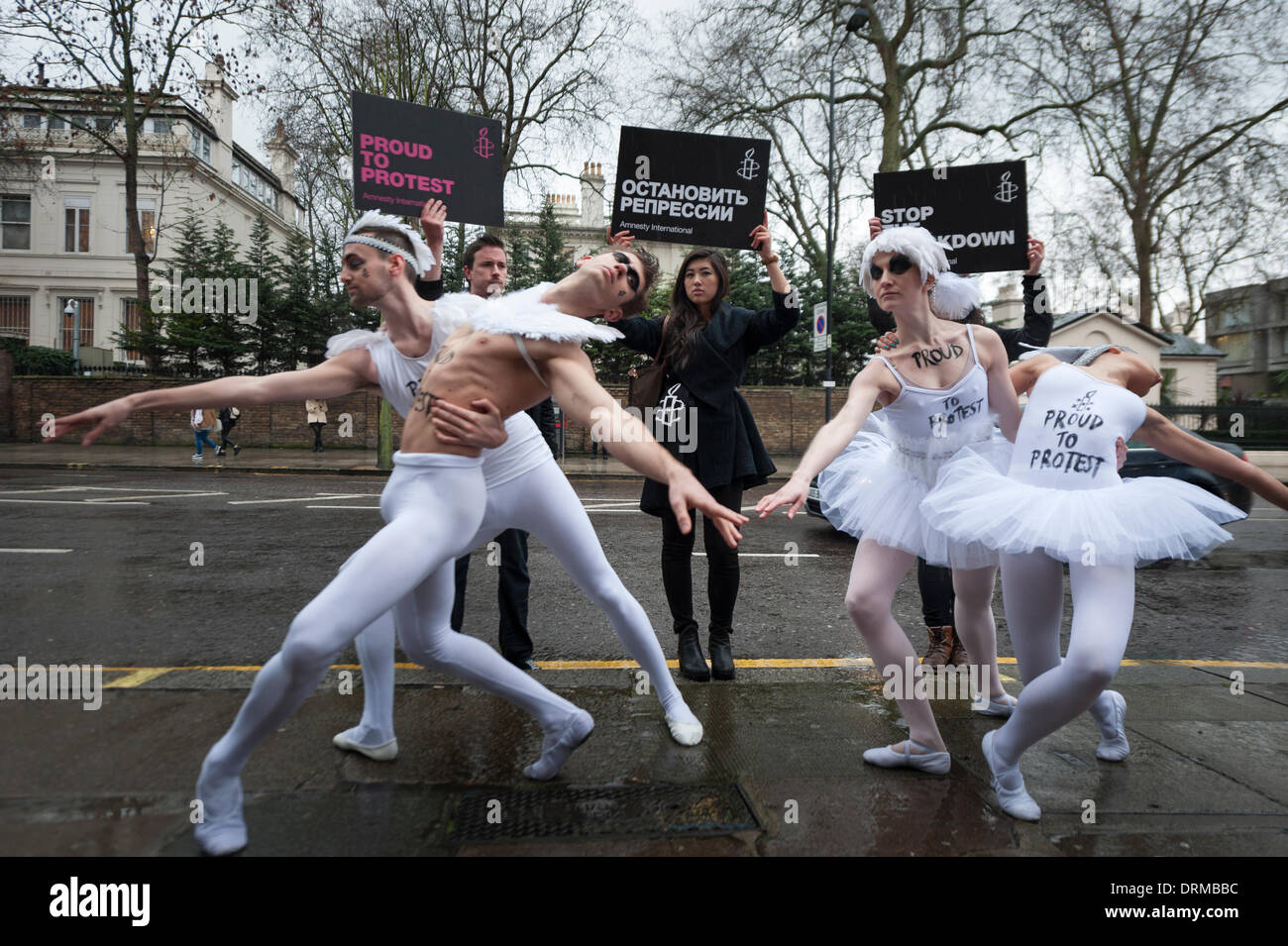 London, UK. 29th Jan 2014. To coincide with the imminent opening of the Sochi Olympics, ballet dancers & Amnesty International activists protest outside the Russian Embassy, London. The demonstrators are demanding that Putin ends his assault of free expression & gay rights. Credit:  Lee Thomas/Alamy Live News Stock Photo