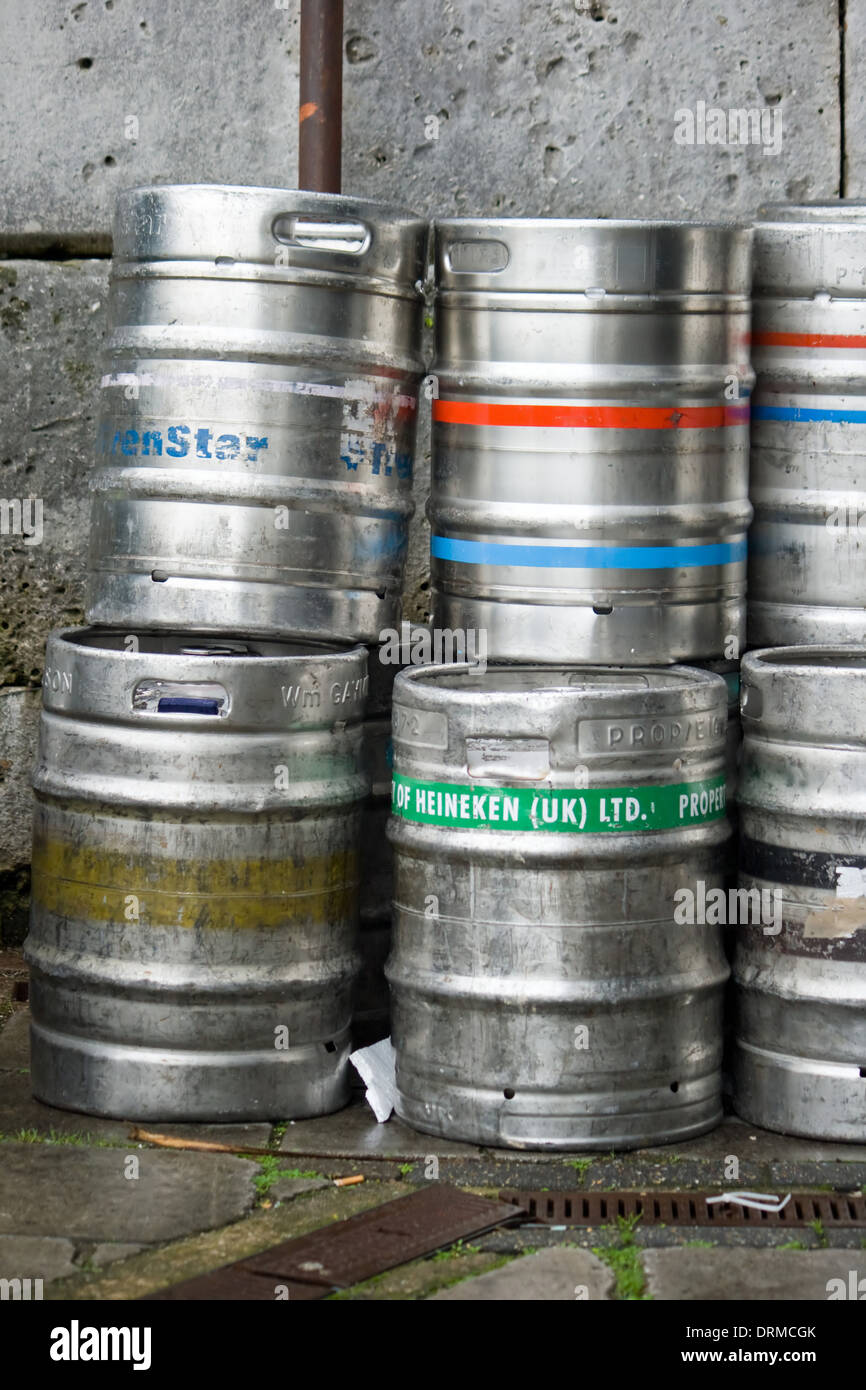 Empty beer kegs outside a pub in Weymouth,Dorset. Stock Photo