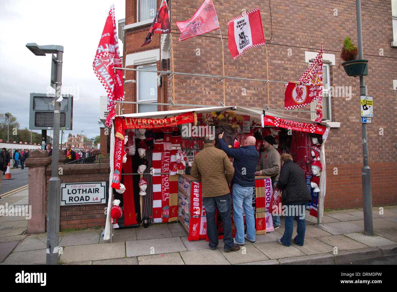 Liverpool Football supporters merchandise sold on the corner of Lothair Road, Anfield, Liverpool, England, UK Stock Photo
