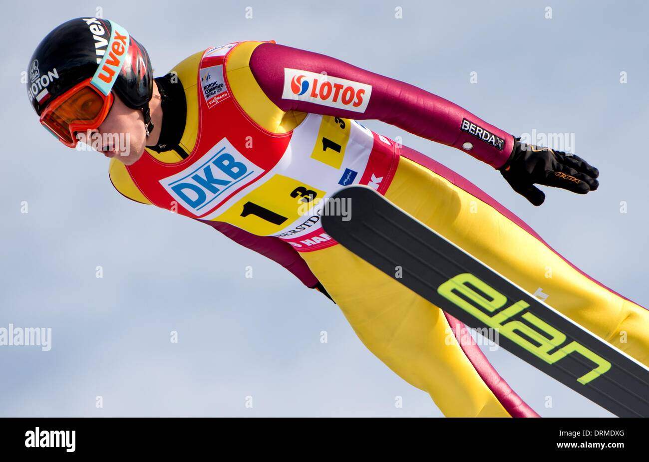 Ski jumper Andrzej Gasienica of Poland in action during a practice jump for the Nordic Combined World Cup  in Oberstdorf, Germany, 25 January 2014. Photo: Sven Hoppe/dpa Stock Photo
