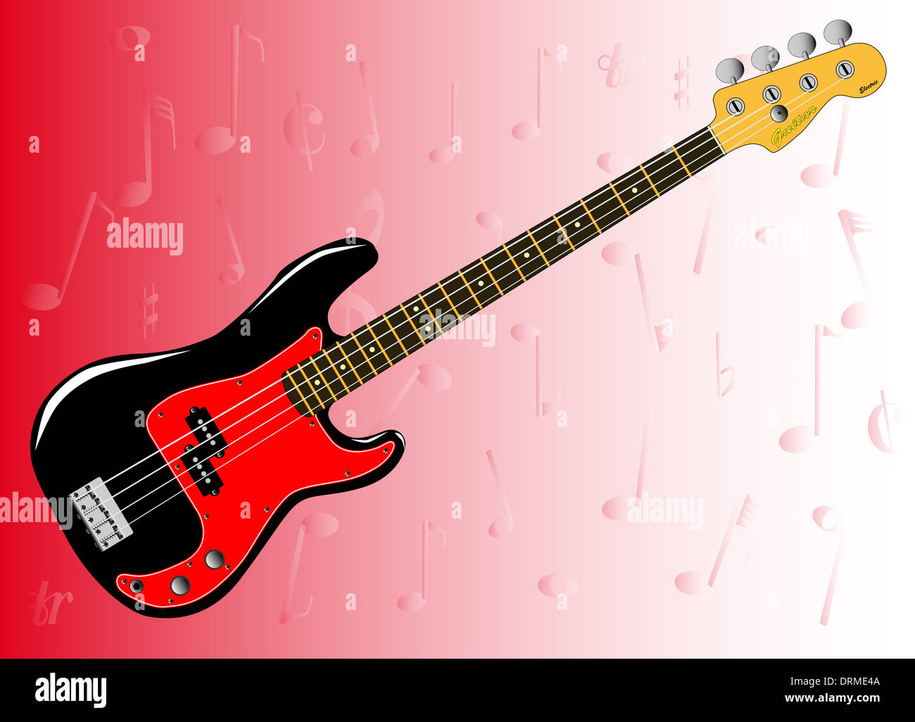 An electric bass guitar over a red fading background dotted with