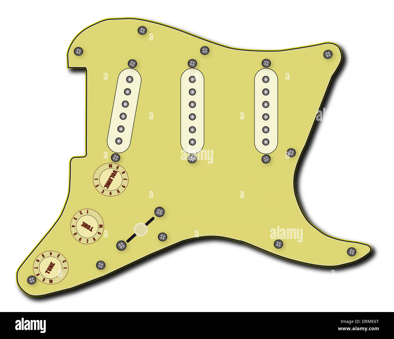 A traditional solid body electric guitar scratch plate with 3 single