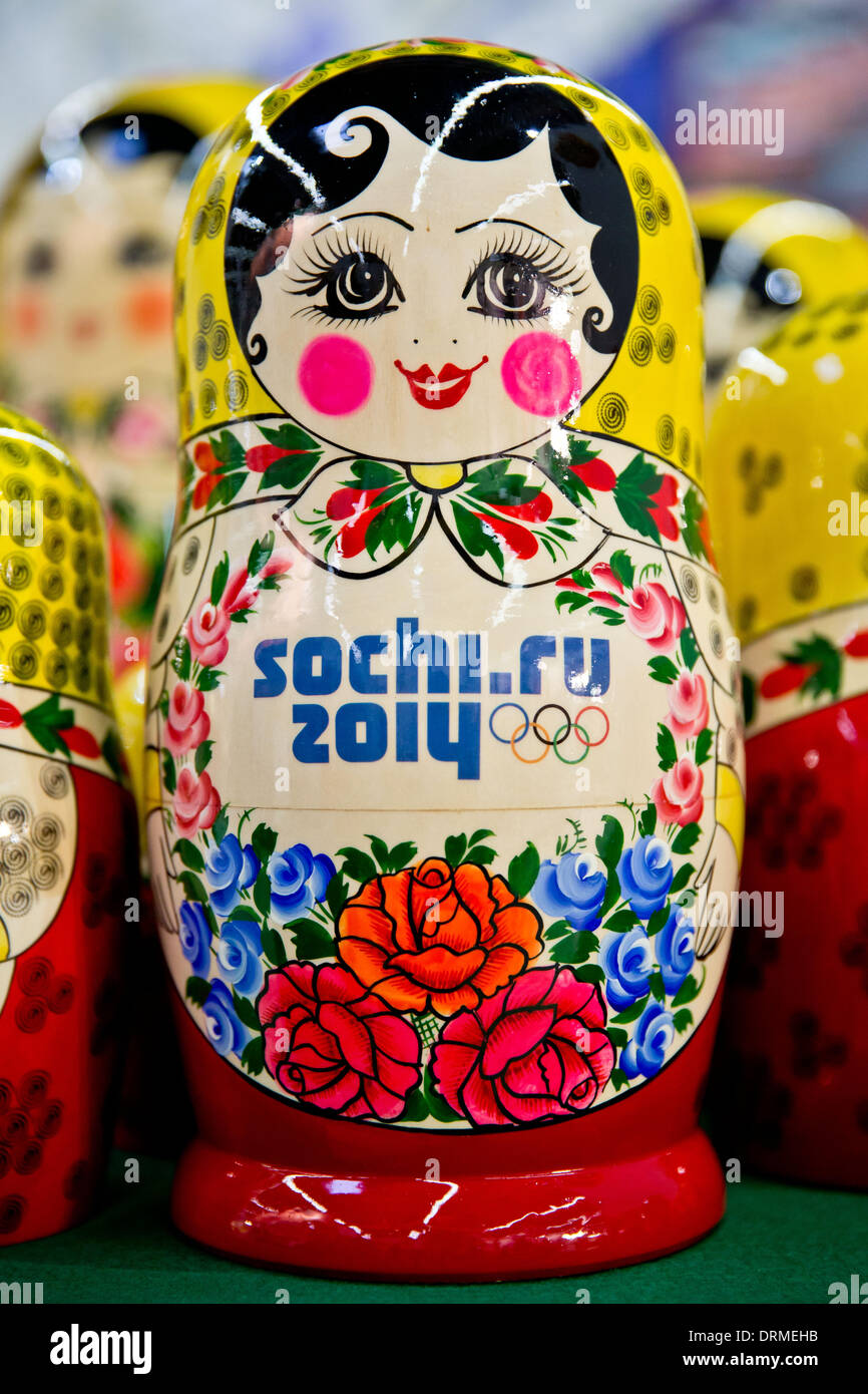 Nuremberg, Germany. 29th Jan, 2014. Russian dolls of company Hochlomskaja Rospis with the writing 'sochi.ru - 2014' are displayed at the 65th International Toy Fair in Nuremberg, Germany, 29 January 2014. The world's largest Toy Fair runs from 29 January to 03 February. Photo: Daniel Karmann/dpa/Alamy Live News Stock Photo
