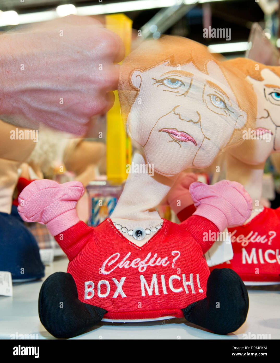 Nuremberg, Germany. 29th Jan, 2014. The doll to box called 'Stress-Einschi' of company Winfried Koegler GmbH is displayed at the 65th International Toy Fair in Nuremberg, Germany, 29 January 2014. The world's largest Toy Fair runs from 29 January to 03 February. Photo: Daniel Karmann/dpa/Alamy Live News Stock Photo