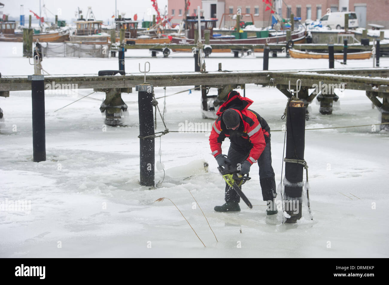 Stahlbrode, Germany. 29th Jan, 2014. Boat renter Ralf Wenk saws ice