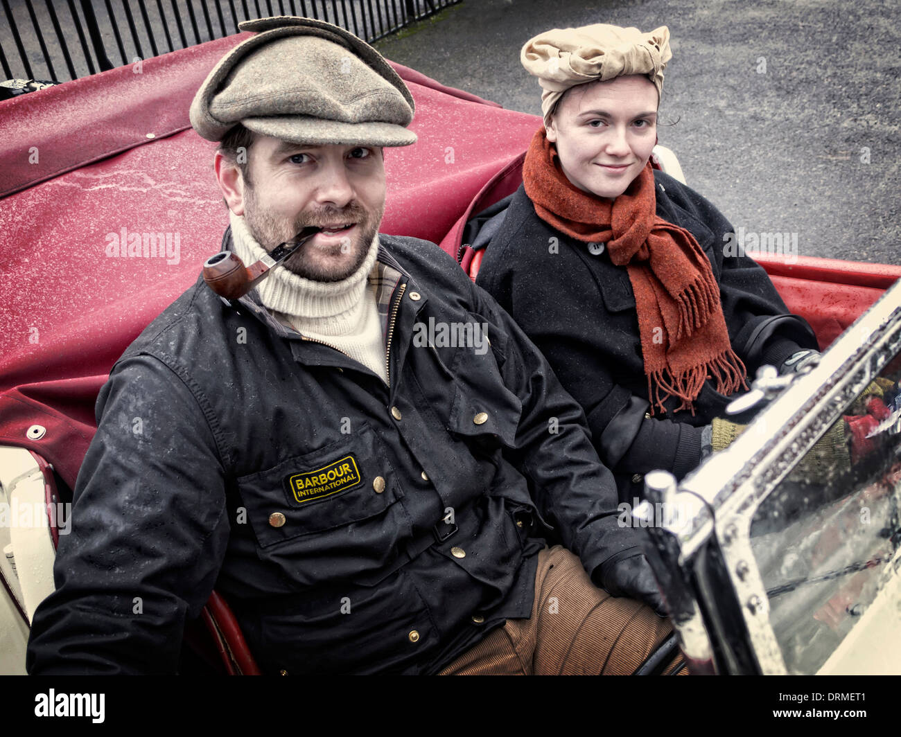 New Years Day gathering 2014 Brooklands Museum. Crew of 1934 Triumph tourer. Stock Photo